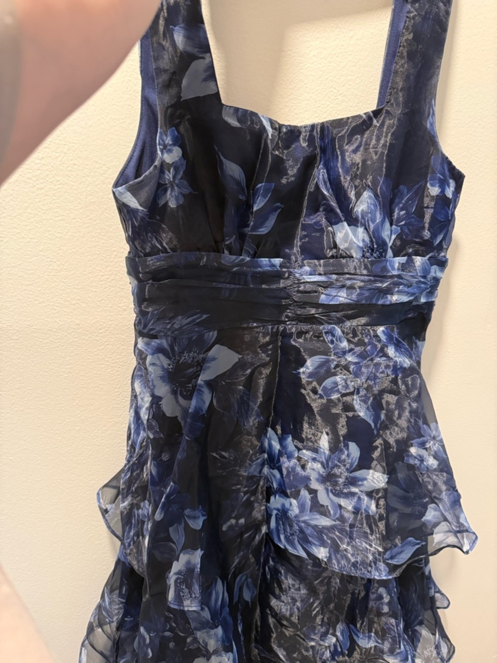 Lulus Dramatic Glamour Navy Blue Floral Organza Tiered Midi Dress - Picture 9 of 12